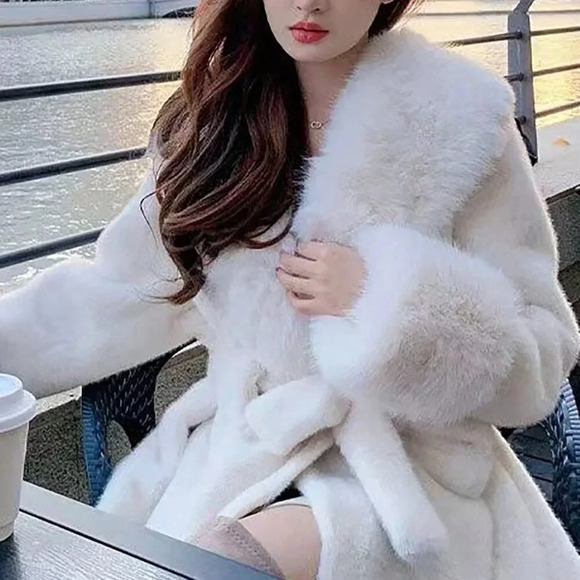 White Casual Women's Long Sleeve Faux Fur Collar Tie-Waist Faux Fur Jacket - Picture 4 of 6